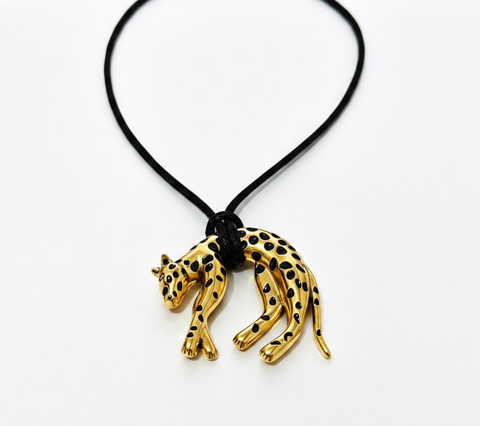 Gold Leopard Pendant Necklace on Black Cord