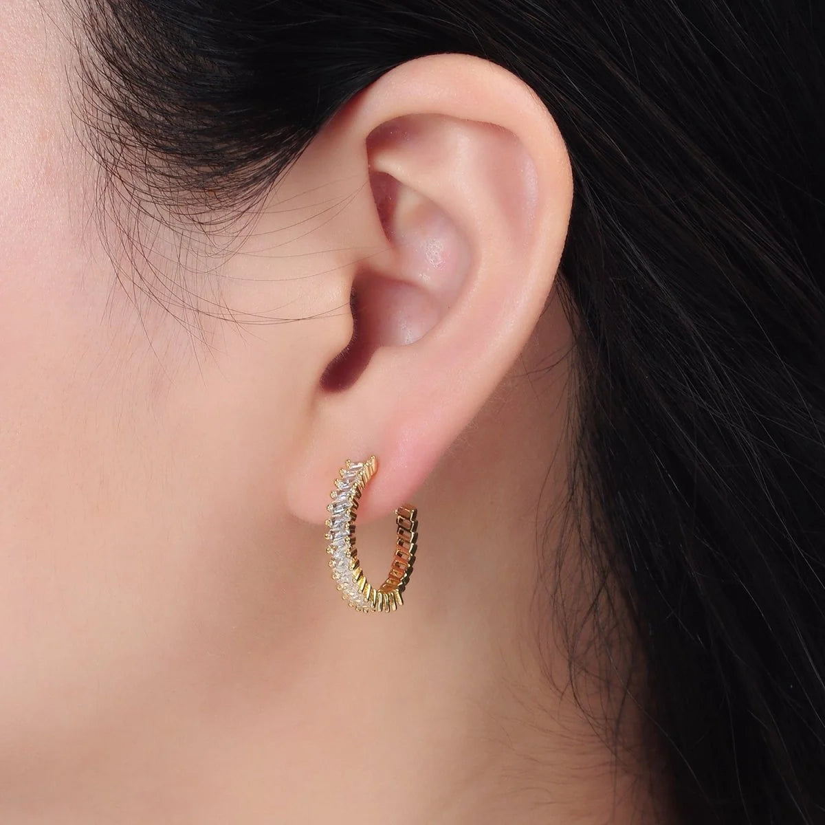 Baguette CZ Pavé Huggie Hoop Earrings