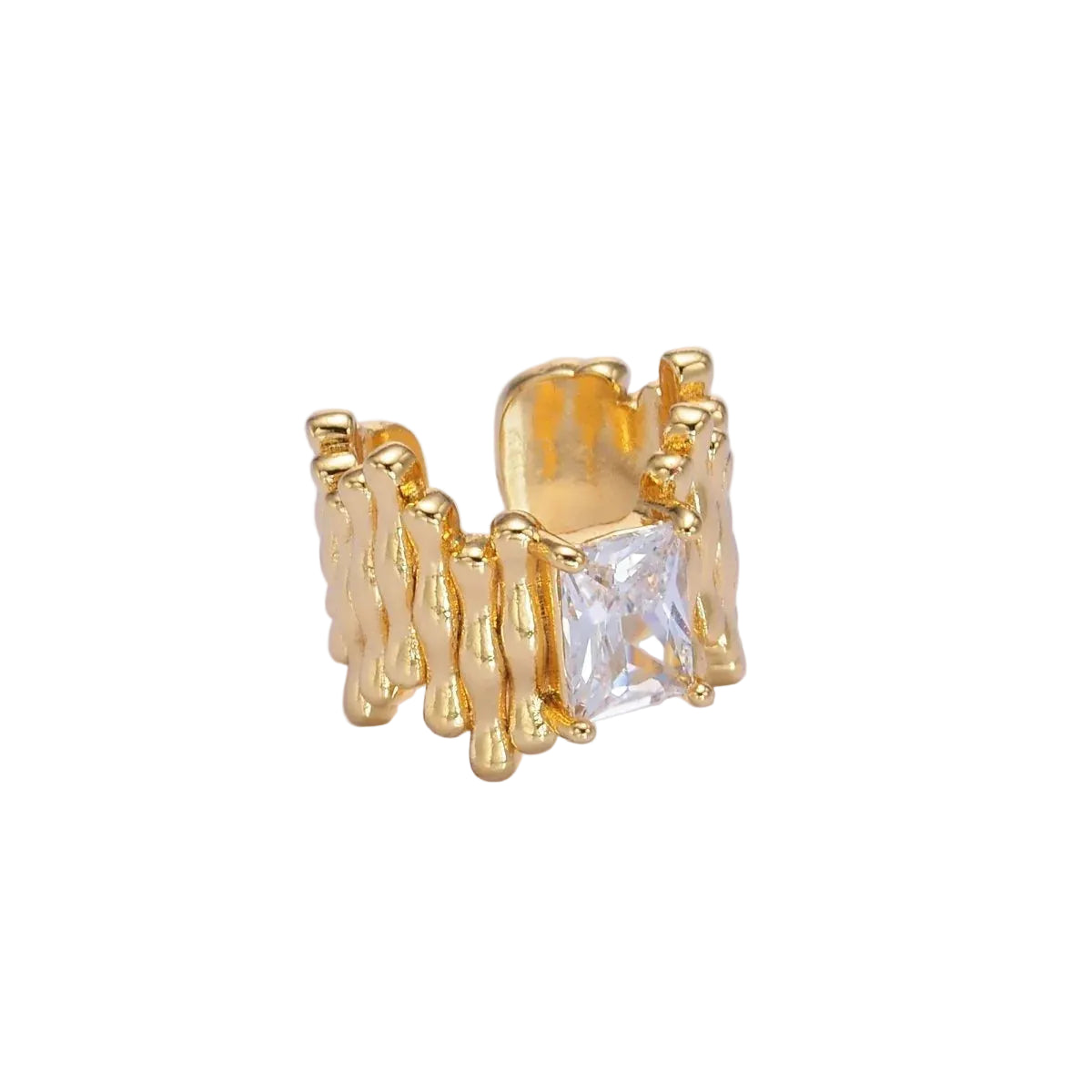 Textured Ribbed Gold Earcuff with Princess-Cut CZ