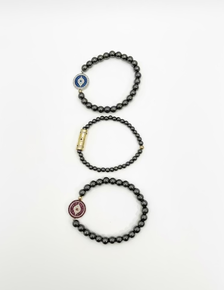 Evil eye gun metal beaded bracelet