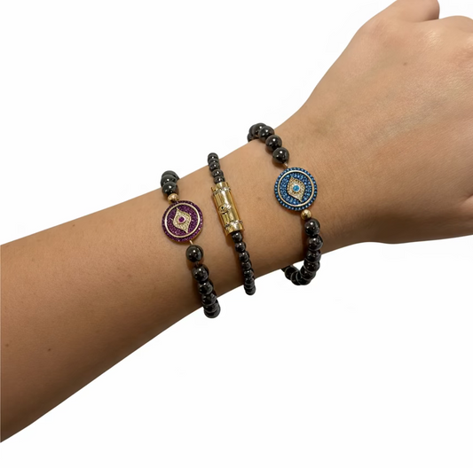 Evil eye gun metal beaded bracelet