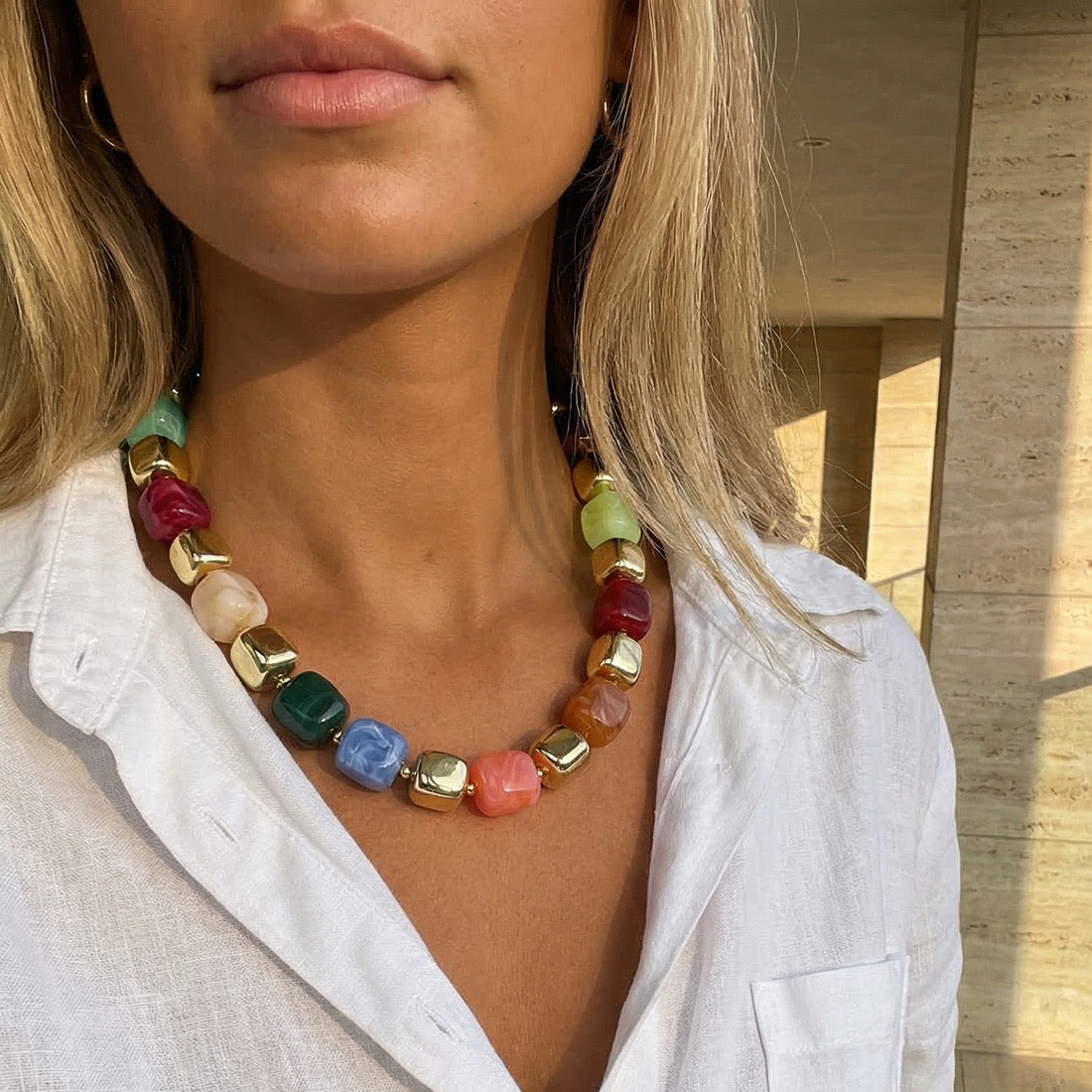 Multicolor Square Bead Choker with Gold Cubes