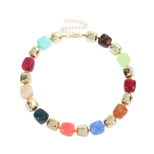 Multicolor Square Bead Choker with Gold Cubes