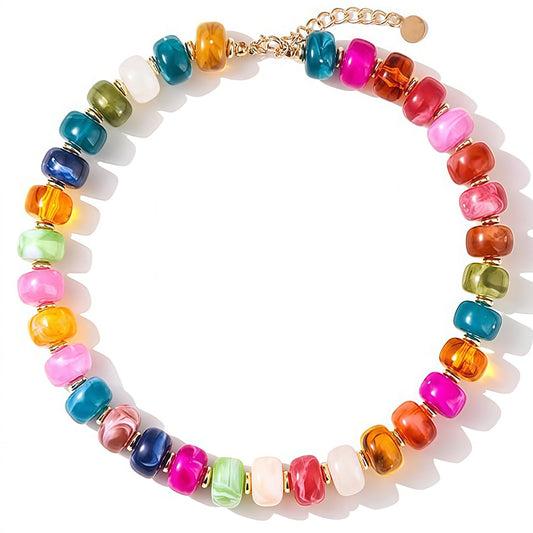 Chunky Rainbow Bead Necklace with Gold Spacers
