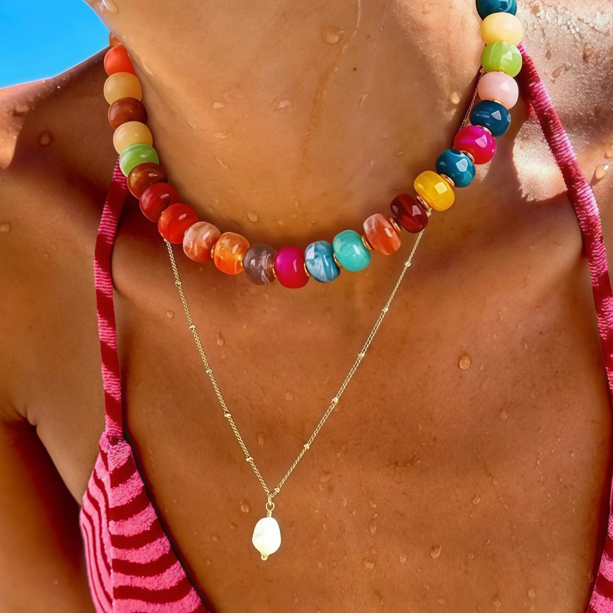 Chunky Rainbow Bead Necklace with Gold Spacers