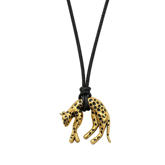 Gold Leopard Pendant Necklace on Black Cord
